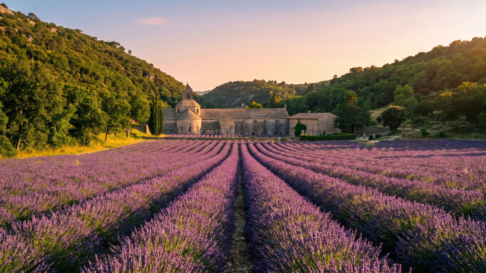 Champs de lavande devant l'abbaye de Sénanque près de Gordes