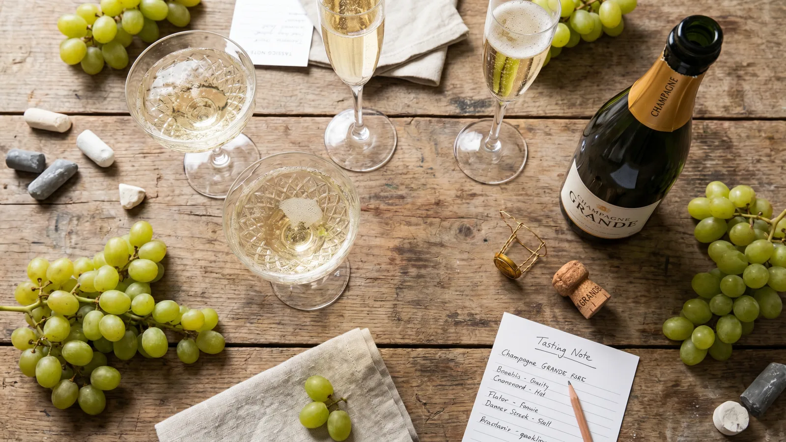 Dégustation de champagne, coupes et bouteille vues de dessus