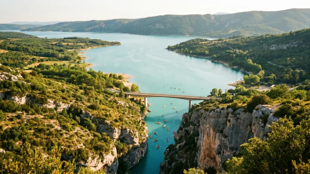 Lac de Sainte-Croix et kayaks au pont du Galetas dans le Verdon