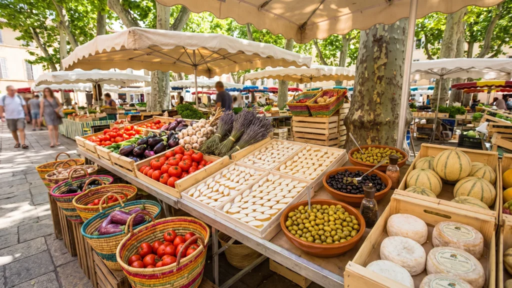 Étal coloré d’un marché provençal à Aix-en-Provence