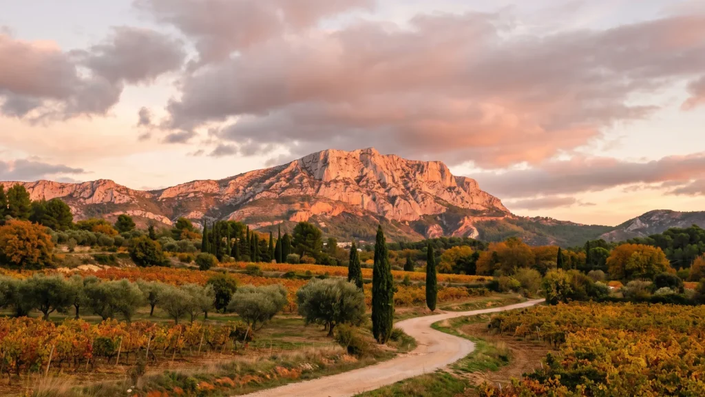 Montagne Sainte-Victoire et vignobles au coucher du soleil