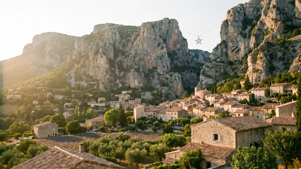 Le village perché de Moustiers-Sainte-Marie au coucher du soleil