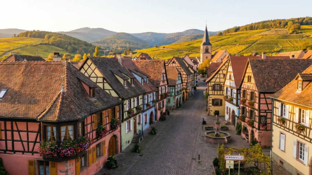 Village de la route des vins d'Alsace aux maisons à colombages