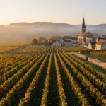 Vignobles de la Côte de Nuits sur la route des vins de Bourgogne au coucher du soleil