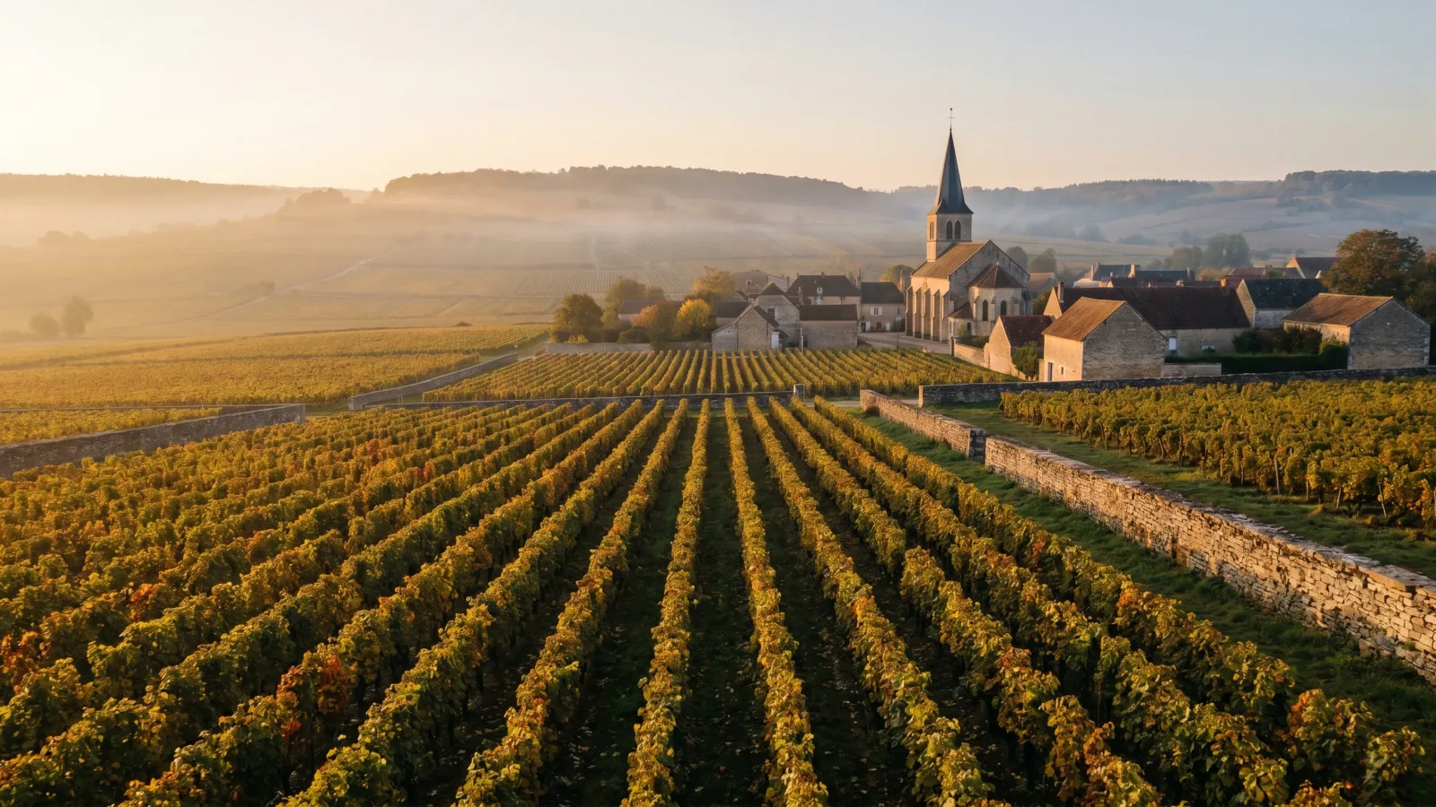 Vignobles de la Côte de Nuits sur la route des vins de Bourgogne au coucher du soleil