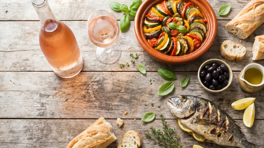Table provencale avec rose, ratatouille et poisson grille, accords mets et vins de Provence