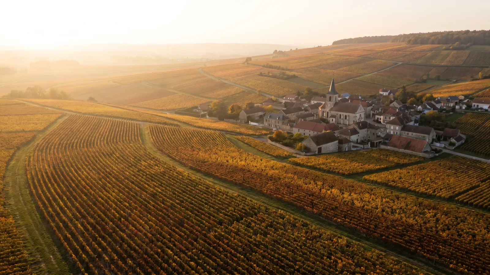 Vignoble de Champagne au coucher du soleil sur la Montagne de Reims