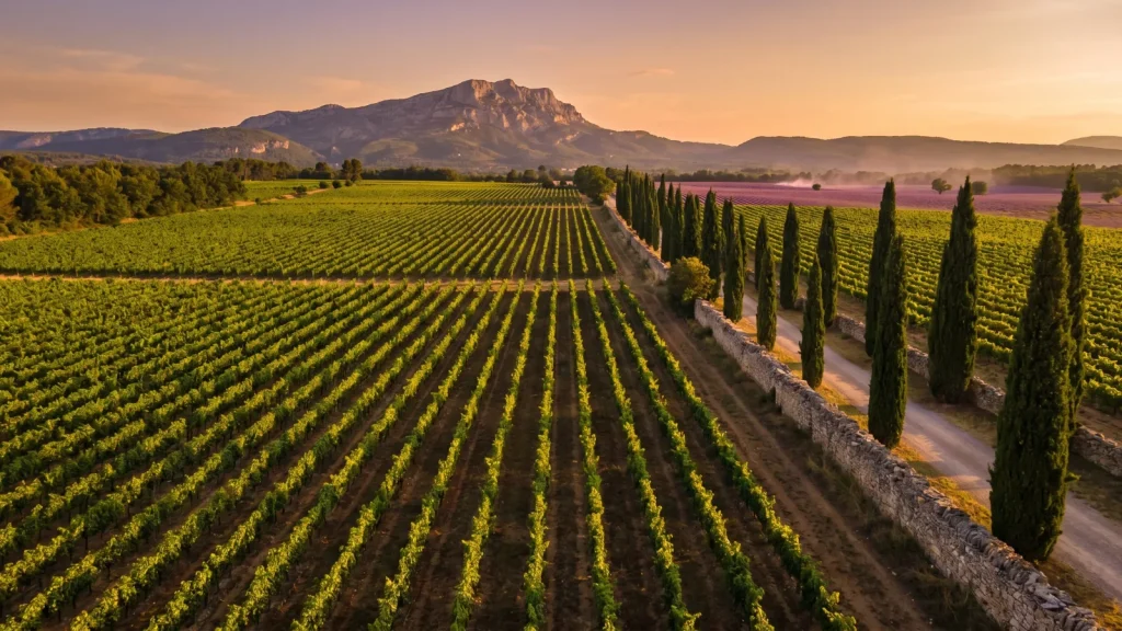 Vignoble de Provence au coucher du soleil, accords mets et vins de Provence