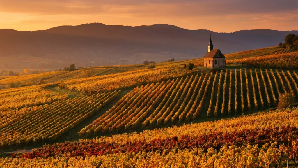 Vignobles d’Alsace en automne sur les coteaux au pied des Vosges