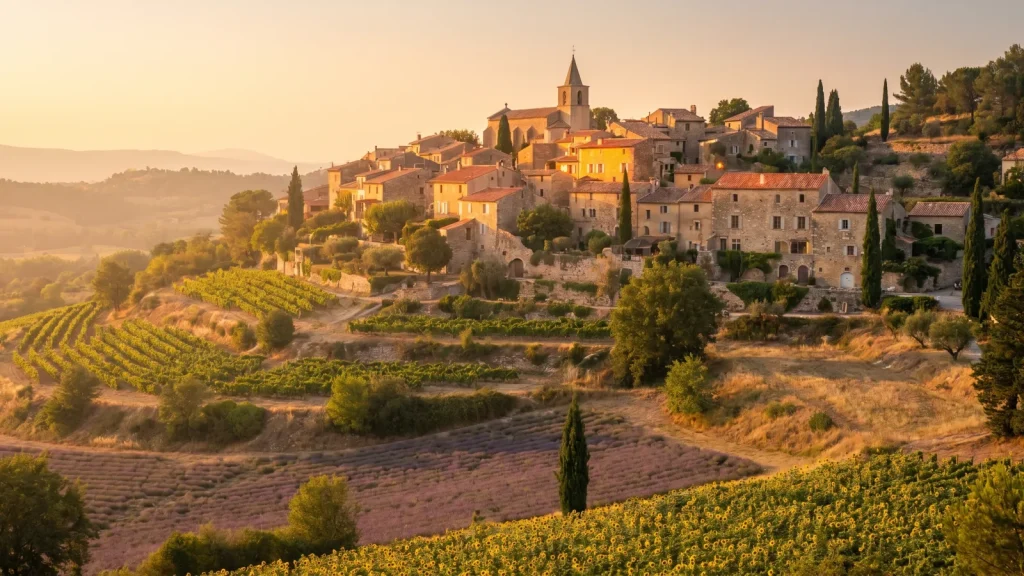 Village perche de Provence entoure de vignes au coucher du soleil