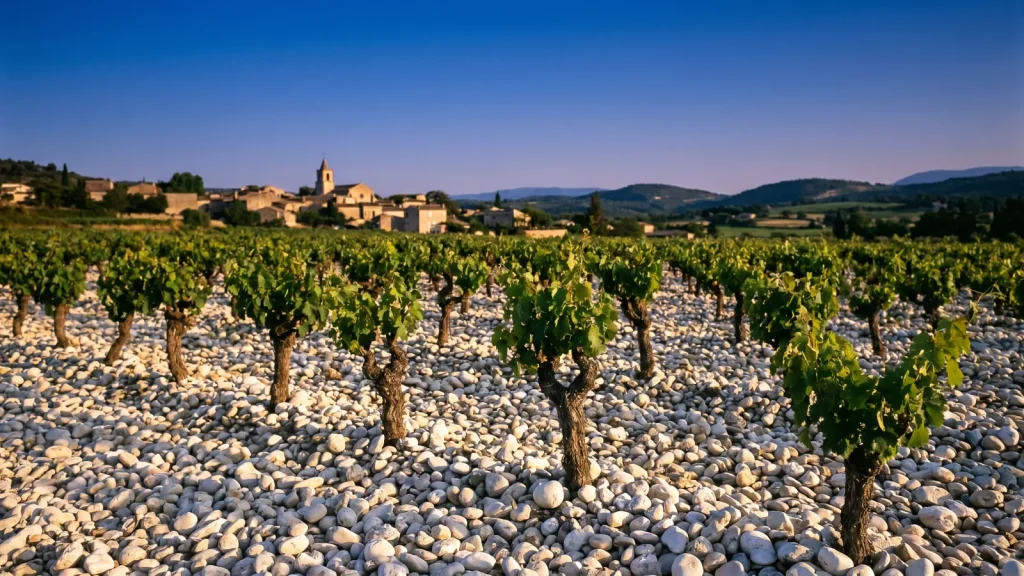 Vignoble de Châteauneuf-du-Pape et ses galets roulés au coucher du soleil