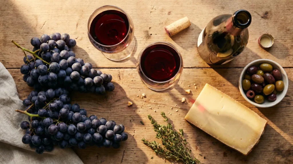 Dégustation de vin rouge des Côtes du Rhône avec raisin et fromage
