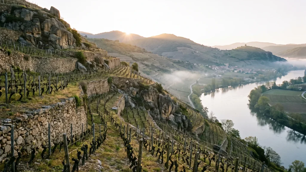 Coteaux en terrasses de syrah du Rhône septentrional au-dessus du fleuve
