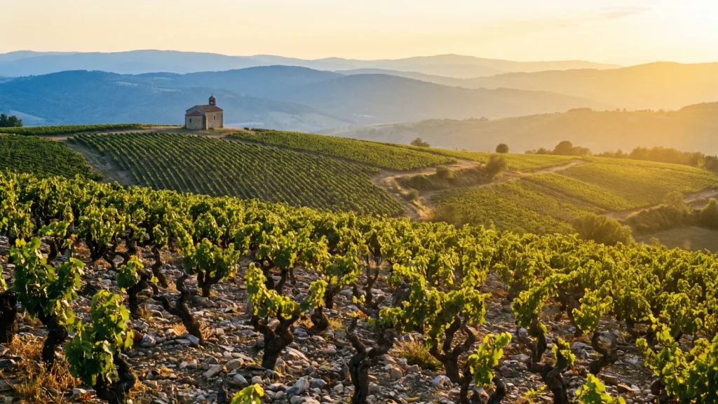 Coteaux de vignes du Beaujolais au coucher du soleil sur sols granitiques