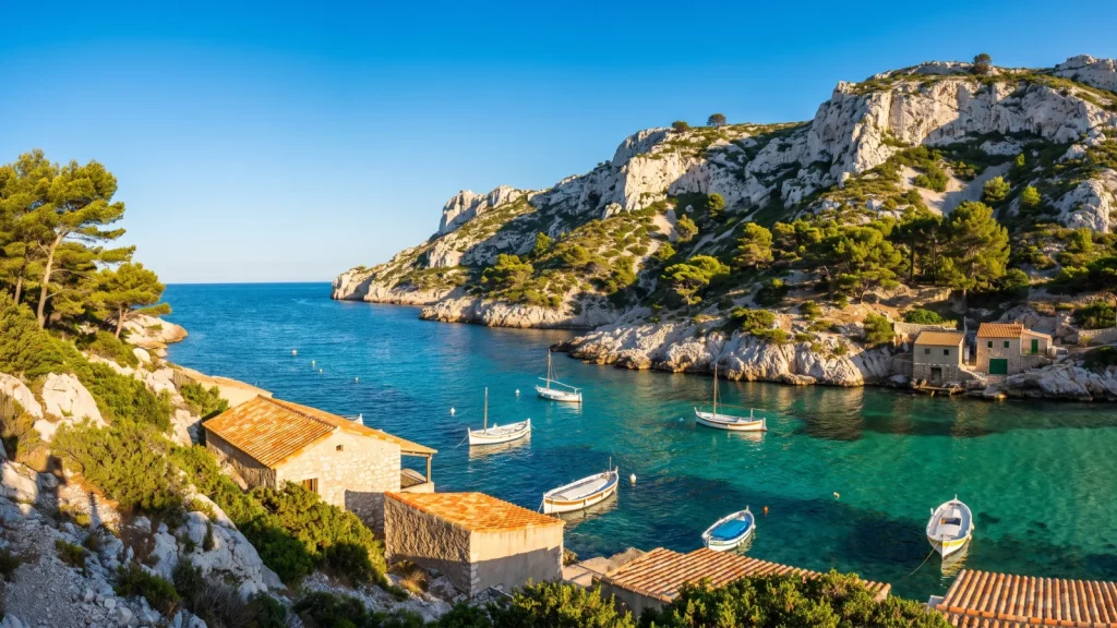 Calanque de Sormiou près de Marseille avec bateaux et cabanons