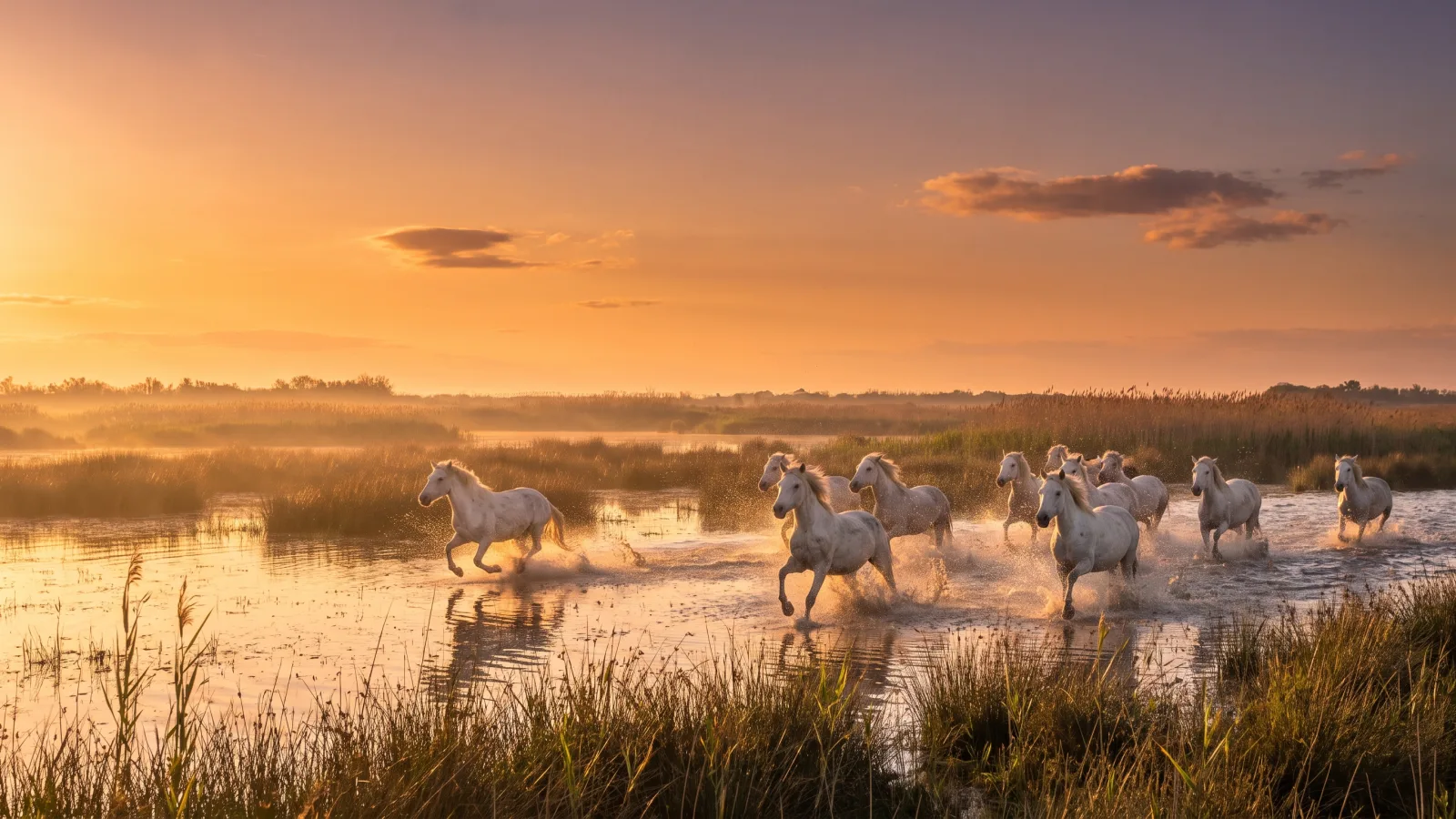 Chevaux blancs de Camargue au galop dans les marais