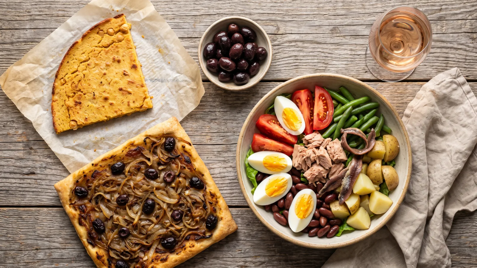 Socca, pissaladière et salade niçoise accompagnées d'un verre de vin rosé