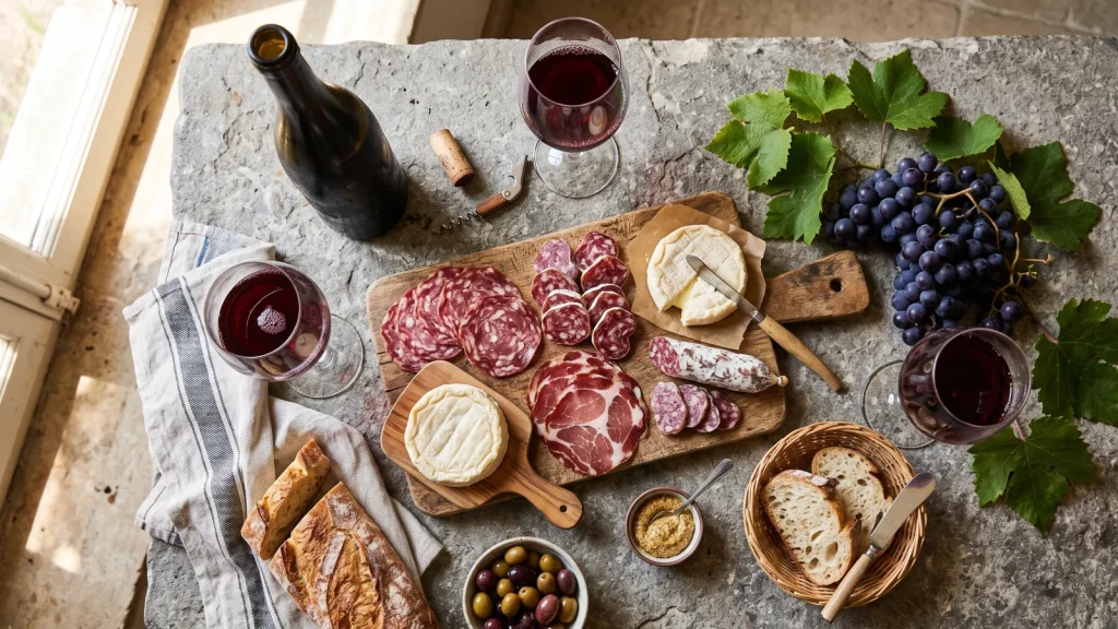 Dégustation de vin rouge du Beaujolais avec charcuterie et fromages lyonnais