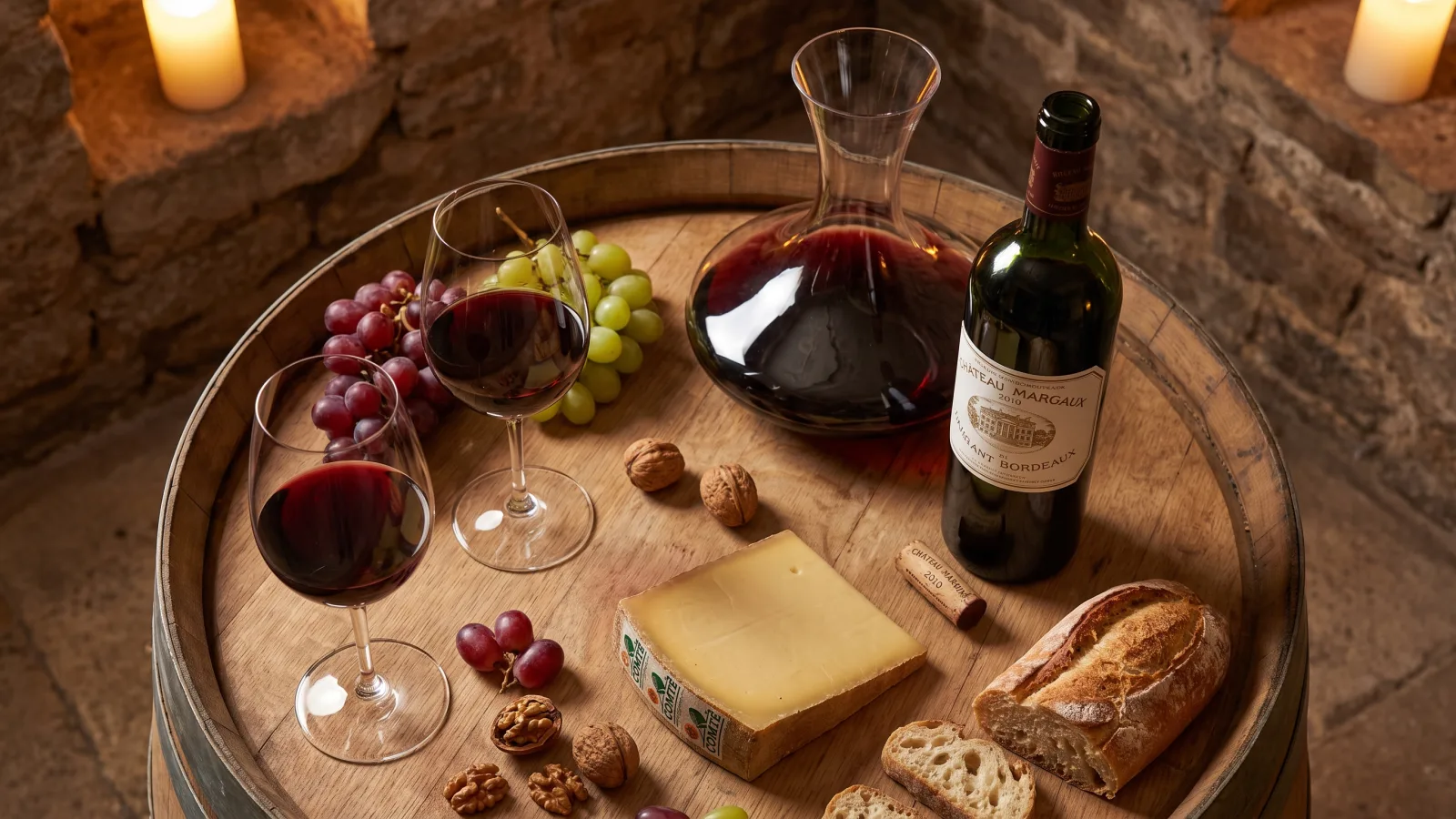 Dégustation de vin rouge de Bordeaux dans un chai en pierre