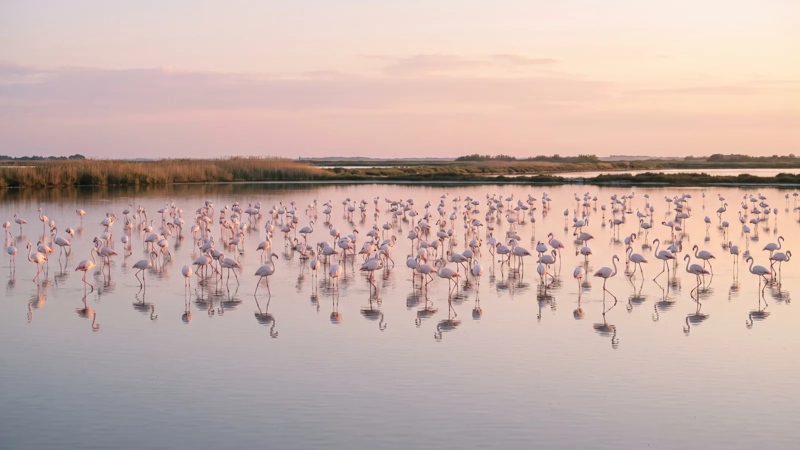 Flamants roses dans un étang de Camargue au coucher du soleil