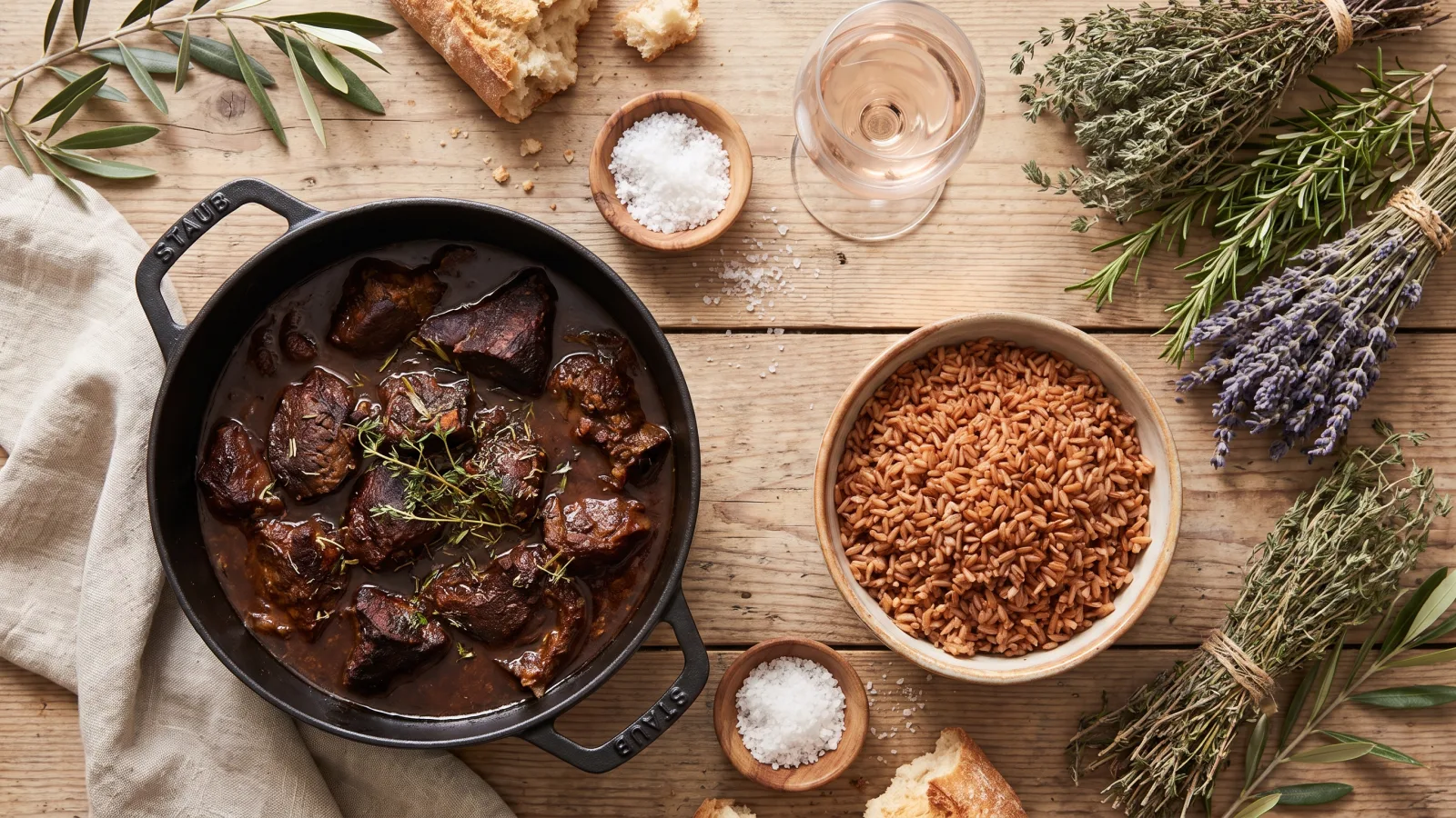 Gardiane de taureau, riz rouge de Camargue, fleur de sel et vin gris de gris
