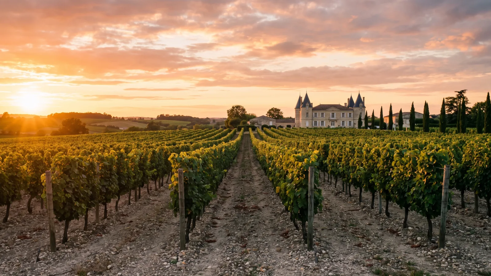 Vignoble bordelais au coucher du soleil avec un château du Médoc