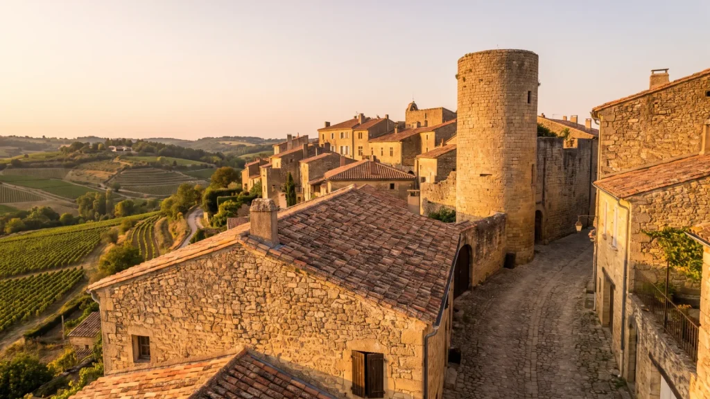 Village perché en pierres dorées du Beaujolais avec sa tour ronde