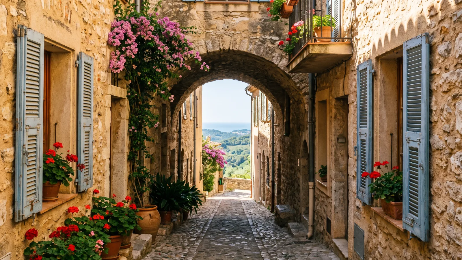 Ruelle pavée et passage voûté d'un village perché de l'arrière-pays niçois