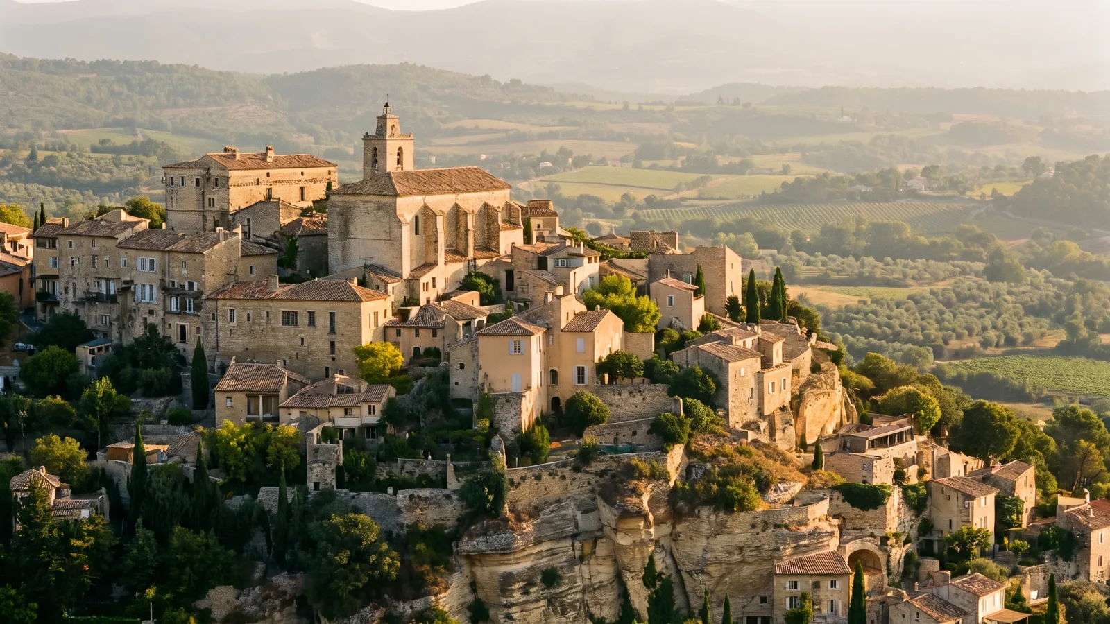Village perché de Provence au coucher du soleil