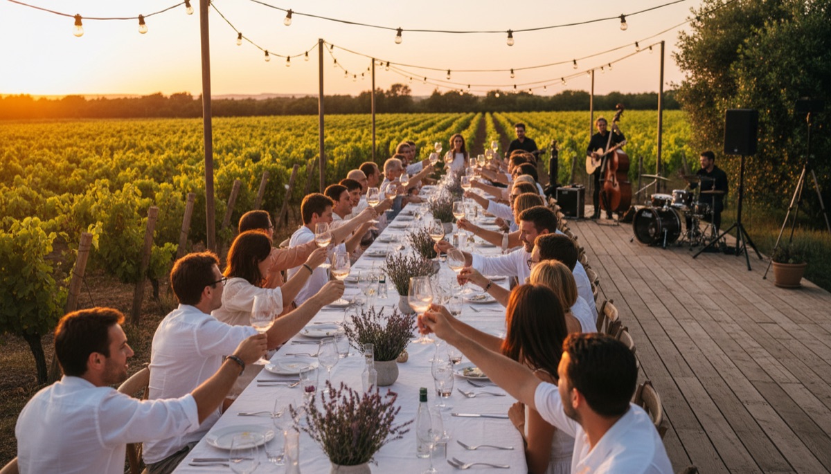 Soirée d'été dans un domaine viticole de Provence, verres de rosé au coucher du soleil